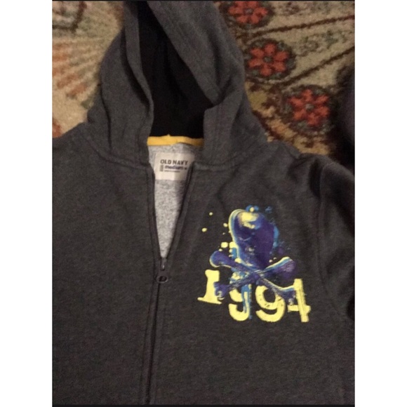 OLD NAVY Skull & Crossbones 1994 Logo Zip Hoodie Gray Sweater Jacket- Boys 7/8 - Picture 6 of 12